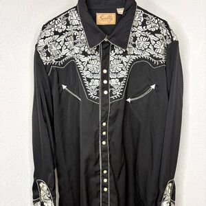 Scully Men Black Western Pearl Snap Embroidered Floral Yoke Long Sleeve Shirt 2X